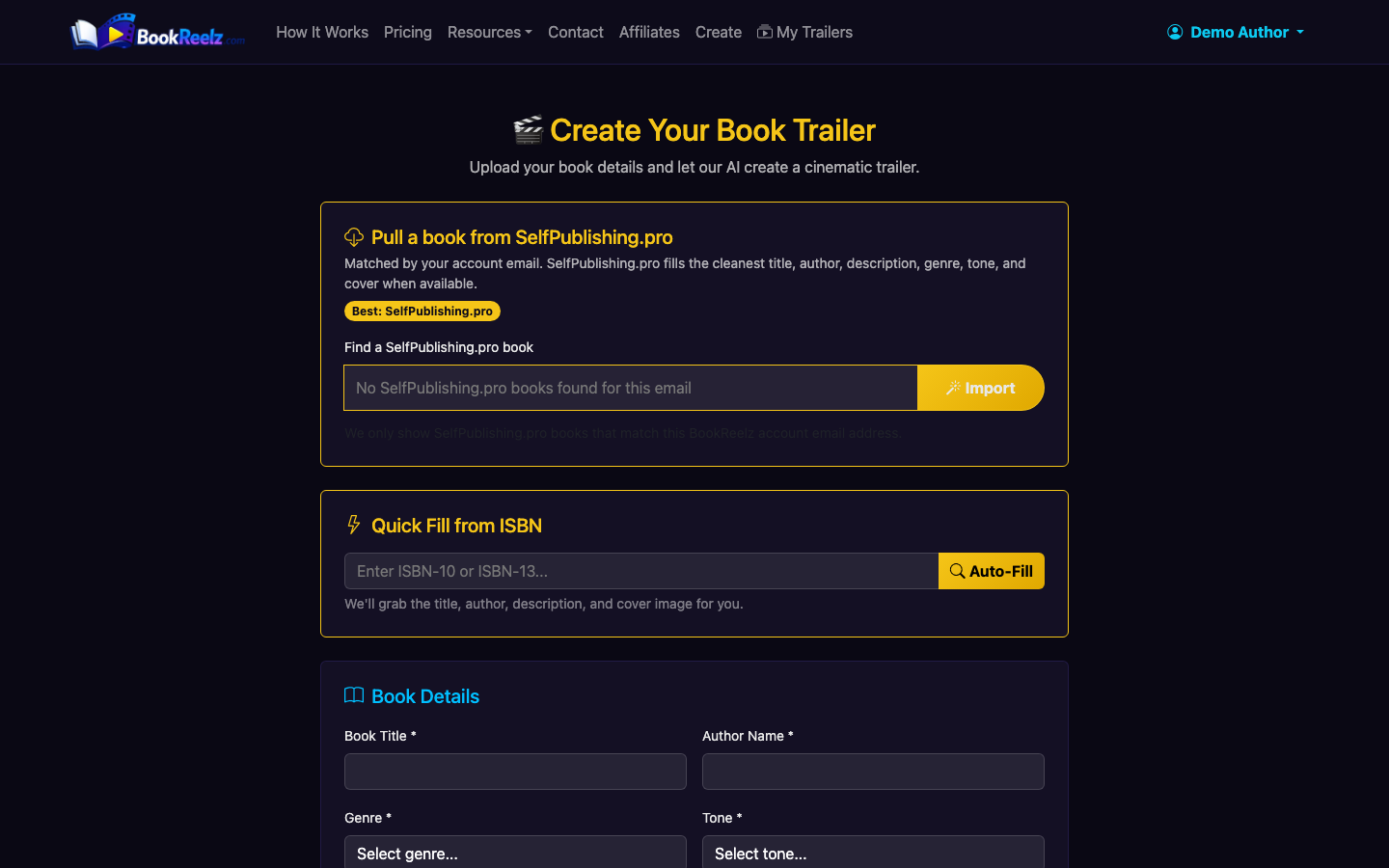 Enter your book details, upload your cover, and choose a trailer tier.