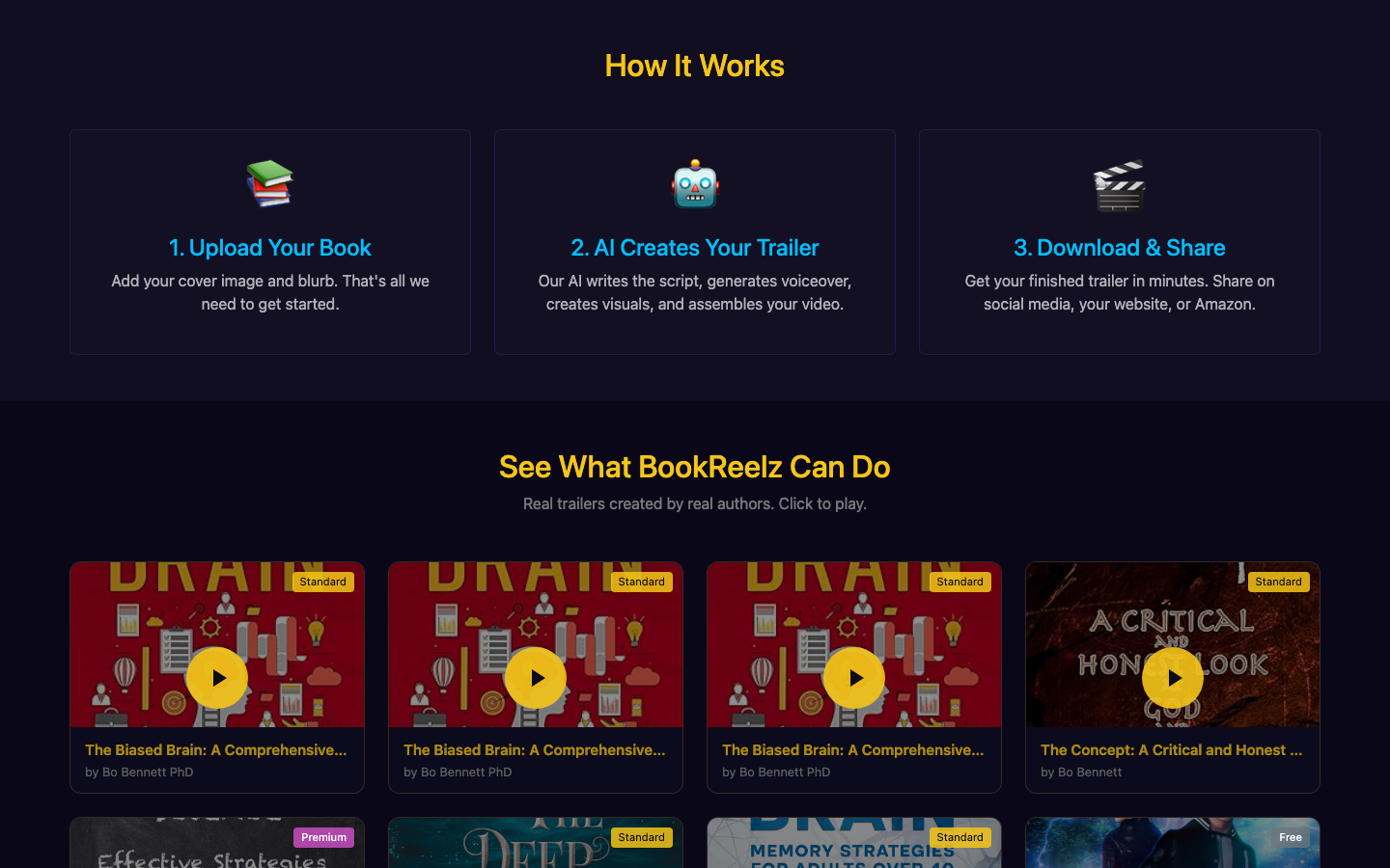 BookReelz turns your inputs into a script, narration, images, and assembled trailer.