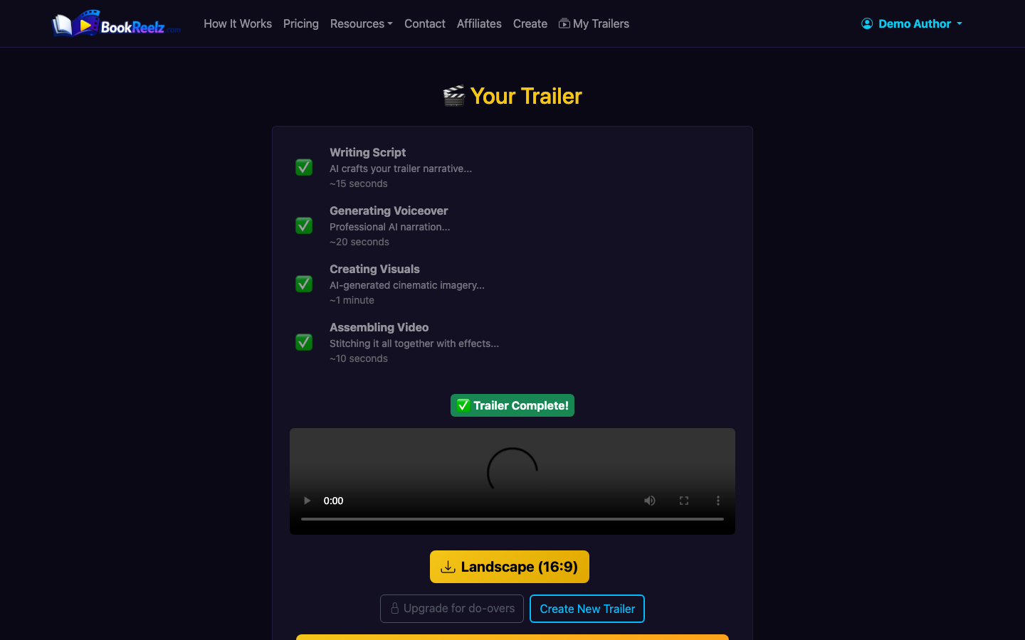 Watch, share, regenerate, or upgrade from the completed trailer page.